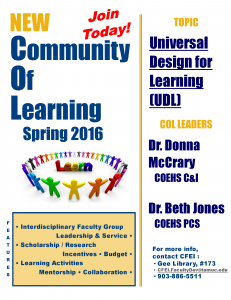 New Community of Learning Spring 2016 Join Today! Topic: Universal Design for Learning (UDL) Leaders: Dr. Donna McCrary and Dr. Beth Jones