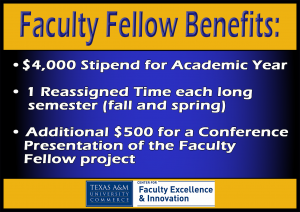 Faculty Fellow Benefits: $4,000 Stipend for Academic Year, 1 Reassigned Time each long semester (fall and spring), additional $500 for a Conference Presentation of the Faculty Fellow project