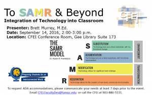To SAMR & Beyond: Integration of Technology into Classroom Presenter: Brett Murrey, M.Ed. Date: September 14, 2016, 2:00-3:00 p.m. Location: CFEI Conference Room, Gee Library Suite 173 S: Substitution A: Augmentation M: Modification R: Redefinition QEP Global Event To request ADA accommodations, please communicate your needs at least 7 days prior to the event. Email CFEI.FacultyDev@tamuc.edu or call the CFEI at 903-886-5511.